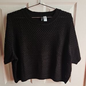 Black Open Knit Short Sleeve Sweater